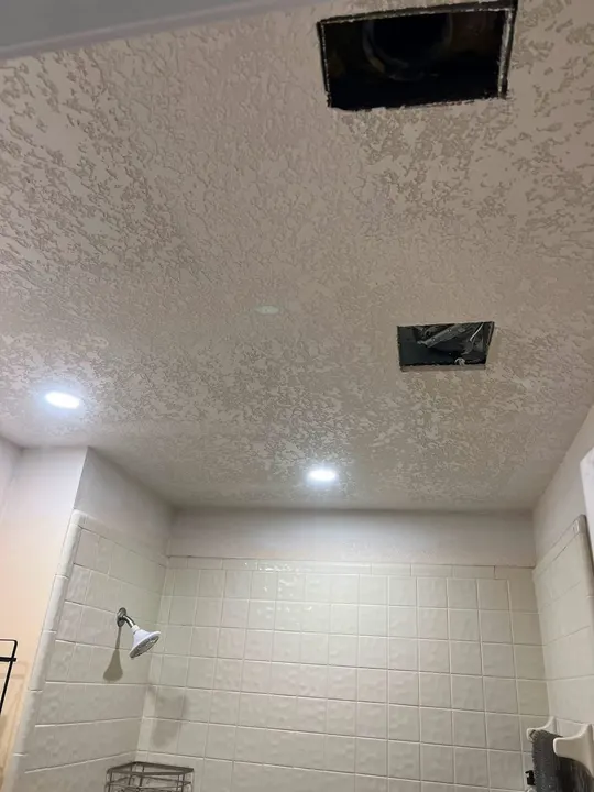 Bathroom ceiling re-textured after mold-damaged drywall was replaced